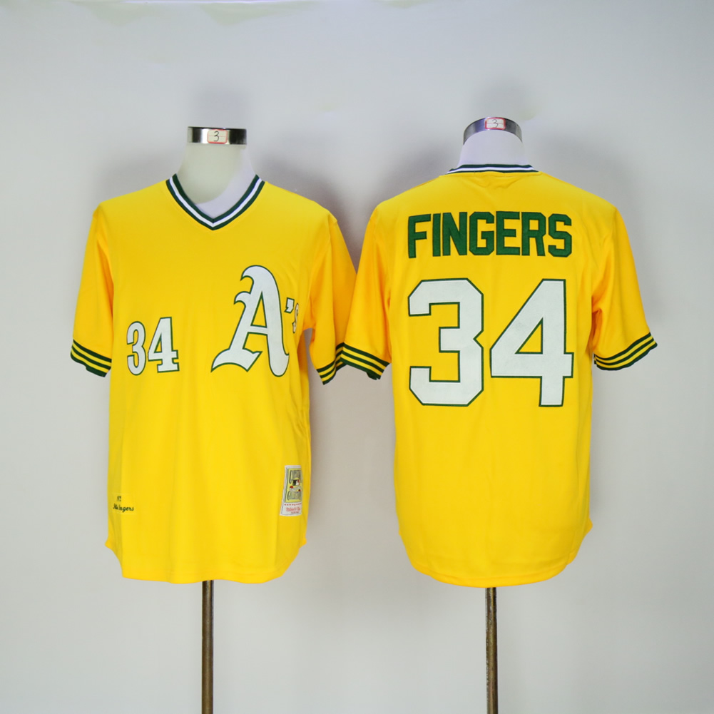 Men Oakland Athletics 34 Fingers Yellow Throwback MLB Jerseys